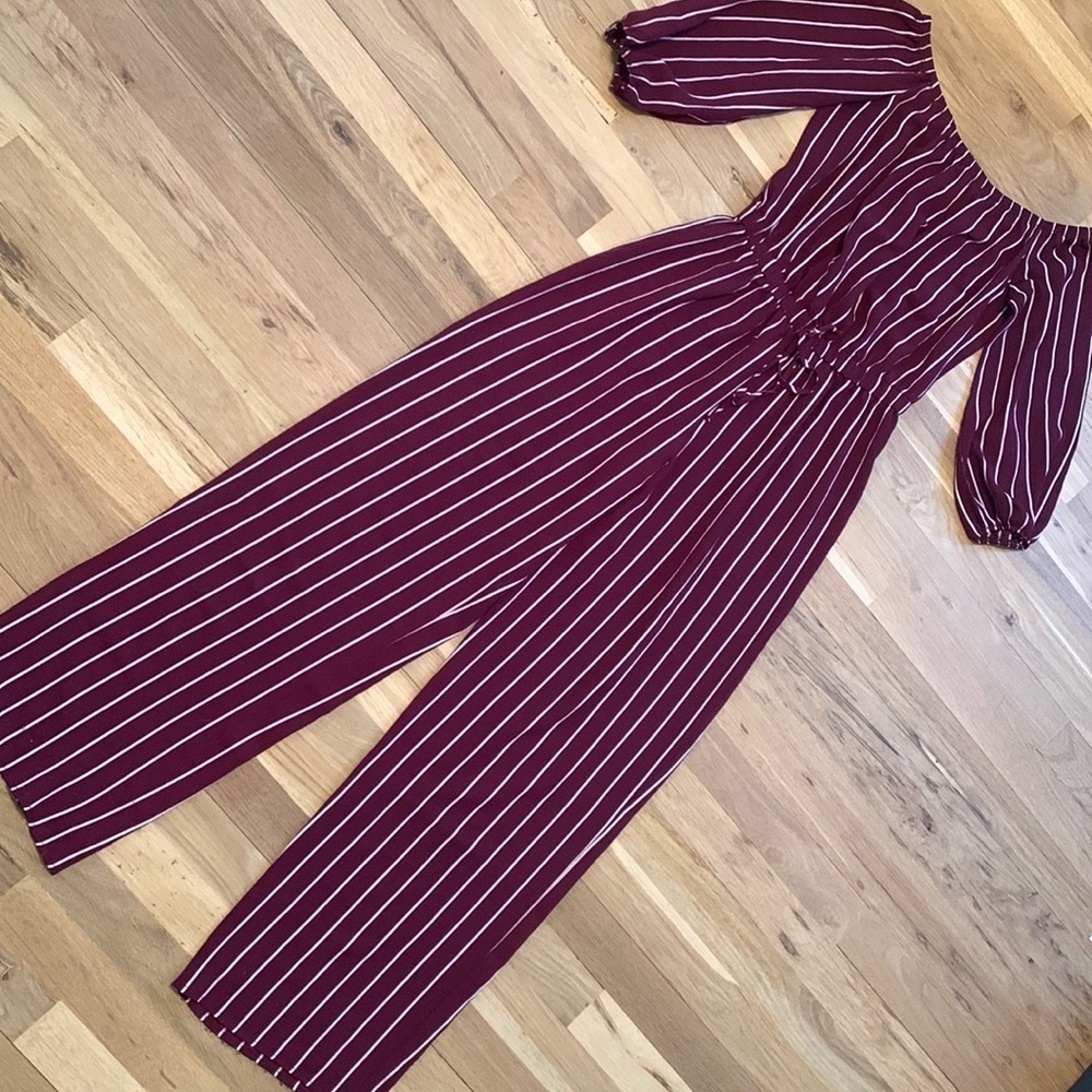Haute Monde Striped Jumpsuit On/Off Shoulder Elastic Tie Front Waist Women’s S